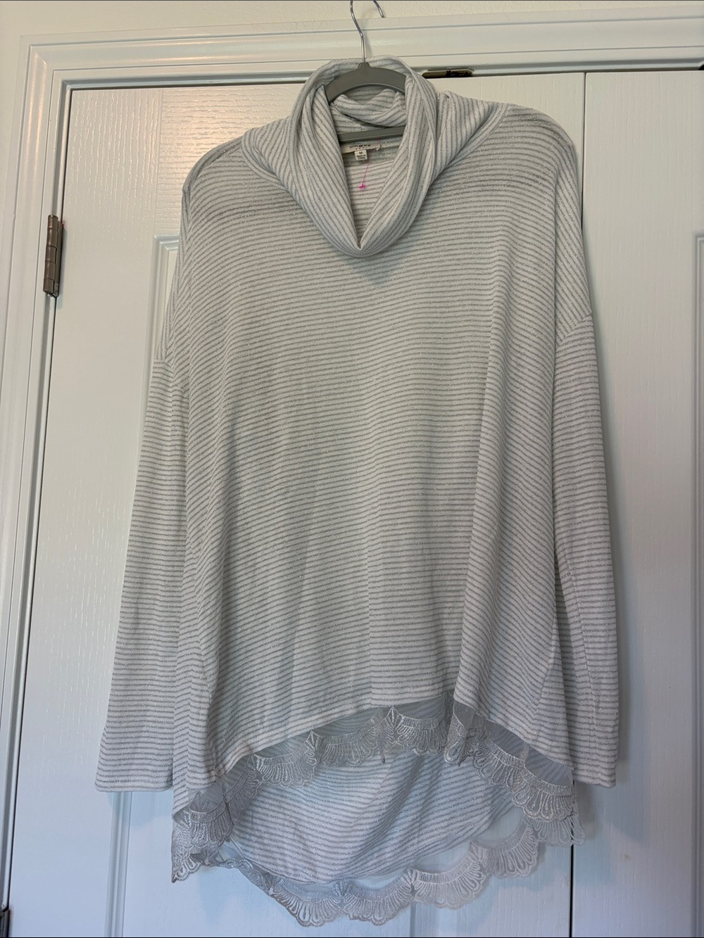 Light Gray Striped Cowl Neck Women's Sweater with Lace Hem